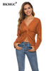 BKMGC Autumn T shirts For Women 2023 V-Neck Long Sleeve Pullover Front Knotted Top Solid Sexy Tops Women Clubwear 9191