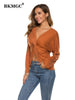 BKMGC Autumn T shirts For Women 2023 V-Neck Long Sleeve Pullover Front Knotted Top Solid Sexy Tops Women Clubwear 9191