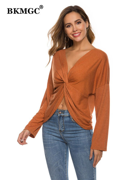 BKMGC Autumn T shirts For Women 2023 V-Neck Long Sleeve Pullover Front Knotted Top Solid Sexy Tops Women Clubwear 9191