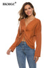 BKMGC Autumn T shirts For Women 2023 V-Neck Long Sleeve Pullover Front Knotted Top Solid Sexy Tops Women Clubwear 9191