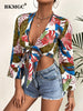 BKMGC Bandage Blouses For Women 2023 V-neck Printed Long Sleeve Lace Up Tie Knot Short Shirts Tops For Summer 2886