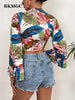 BKMGC Bandage Blouses For Women 2023 V-neck Printed Long Sleeve Lace Up Tie Knot Short Shirts Tops For Summer 2886