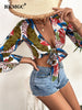 BKMGC Bandage Blouses For Women 2023 V-neck Printed Long Sleeve Lace Up Tie Knot Short Shirts Tops For Summer 2886