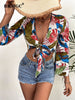 BKMGC Bandage Blouses For Women 2023 V-neck Printed Long Sleeve Lace Up Tie Knot Short Shirts Tops For Summer 2886
