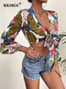 BKMGC Bandage Blouses For Women 2023 V-neck Printed Long Sleeve Lace Up Tie Knot Short Shirts Tops For Summer 2886