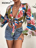 BKMGC Bandage Blouses For Women 2023 V-neck Printed Long Sleeve Lace Up Tie Knot Short Shirts Tops For Summer 2886