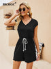 BKMGC Basic Solid Black Slim Fits Rompers 2023 Rope Belt Elasitc Waist Short Sleeve V Neck Jumpsuit Bodycon for Women 2756