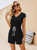 BKMGC Basic Solid Black Slim Fits Rompers 2023 Rope Belt Elasitc Waist Short Sleeve V Neck Jumpsuit Bodycon for Women 2756