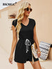BKMGC Basic Solid Black Slim Fits Rompers 2023 Rope Belt Elasitc Waist Short Sleeve V Neck Jumpsuit Bodycon for Women 2756
