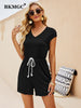 BKMGC Basic Solid Black Slim Fits Rompers 2023 Rope Belt Elasitc Waist Short Sleeve V Neck Jumpsuit Bodycon for Women 2756
