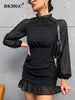 BKMGC Black Chiffon High Collar Long Sleeve Ruffle Wave Bottom 2023 Autumn Women Mini Bodycon Dress Daily Casual Elegant Vestido