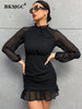 BKMGC Black Chiffon High Collar Long Sleeve Ruffle Wave Bottom 2023 Autumn Women Mini Bodycon Dress Daily Casual Elegant Vestido