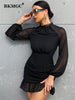 BKMGC Black Chiffon High Collar Long Sleeve Ruffle Wave Bottom 2023 Autumn Women Mini Bodycon Dress Daily Casual Elegant Vestido
