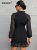 BKMGC Black Chiffon High Collar Long Sleeve Ruffle Wave Bottom 2023 Autumn Women Mini Bodycon Dress Daily Casual Elegant Vestido
