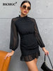 BKMGC Black Chiffon High Collar Long Sleeve Ruffle Wave Bottom 2023 Autumn Women Mini Bodycon Dress Daily Casual Elegant Vestido