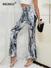 BKMGC Black Grey Ink Painting Tie Dye Stretchy Vintage Micro Flare Pants High Waist Women Trousers Summer Casual Female Clothing