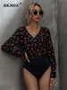 BKMGC Black Jumpsuit Long Sleeve Autumn Small Flower Home Casual Versatile Pants Jumpsuit Women 2023  6089