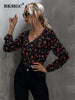 BKMGC Black Jumpsuit Long Sleeve Autumn Small Flower Home Casual Versatile Pants Jumpsuit Women 2023  6089