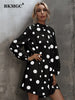 BKMGC Black Long Sleeve Turtle Neck Dot Print Large Hem Loose Fitting Casual Mini Dress Woman 2023 Spring Autumn Series 6096