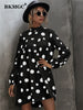 BKMGC Black Long Sleeve Turtle Neck Dot Print Large Hem Loose Fitting Casual Mini Dress Woman 2023 Spring Autumn Series 6096