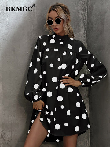 BKMGC Black Long Sleeve Turtle Neck Dot Print Large Hem Loose Fitting Casual Mini Dress Woman 2023 Spring Autumn Series 6096