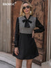 BKMGC Black Mini Dress Elegant Casual Autumn A-Line Bow Collar Patchwork Grid Women Long Sleeve Party Clothes 2001