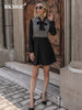 BKMGC Black Mini Dress Elegant Casual Autumn A-Line Bow Collar Patchwork Grid Women Long Sleeve Party Clothes 2001