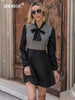BKMGC Black Mini Dress Elegant Casual Autumn A-Line Bow Collar Patchwork Grid Women Long Sleeve Party Clothes 2001