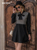 BKMGC Black Mini Dress Elegant Casual Autumn A-Line Bow Collar Patchwork Grid Women Long Sleeve Party Clothes 2001