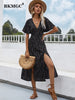 BKMGC Black V Neck Sexy High Split Short Loose Sleeve Boho Bohemian Printed Long Maxi Dress Hippie Vintage Dating Outfit 6217