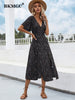 BKMGC Black V Neck Sexy High Split Short Loose Sleeve Boho Bohemian Printed Long Maxi Dress Hippie Vintage Dating Outfit 6217