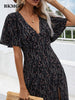 BKMGC Black V Neck Sexy High Split Short Loose Sleeve Boho Bohemian Printed Long Maxi Dress Hippie Vintage Dating Outfit 6217