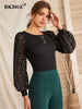 BKMGC Black Women Blouse Slim Fit Long See-Through Lips Print Chiffon Lace Sleeve O Neck Autumn Office Lady Pullover Shirt #5025