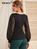 BKMGC Black Women Blouse Slim Fit Long See-Through Lips Print Chiffon Lace Sleeve O Neck Autumn Office Lady Pullover Shirt #5025