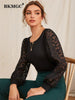 BKMGC Black Women Blouse Slim Fit Long See-Through Lips Print Chiffon Lace Sleeve O Neck Autumn Office Lady Pullover Shirt #5025