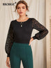 BKMGC Black Women Blouse Slim Fit Long See-Through Lips Print Chiffon Lace Sleeve O Neck Autumn Office Lady Pullover Shirt #5025