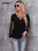 BKMGC Black Women Casual Loose T shirt Vintage Printed Leopard Patch Spring Autumn Long Sleeve Female Top Women Tops 6825