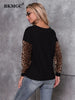 BKMGC Black Women Casual Loose T shirt Vintage Printed Leopard Patch Spring Autumn Long Sleeve Female Top Women Tops 6825