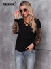 BKMGC Black Women Casual Loose T shirt Vintage Printed Leopard Patch Spring Autumn Long Sleeve Female Top Women Tops 6825
