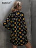 BKMGC Black Women Midi Dresses Long Sleeve Spring Autumn Mock Neck Loose Yellow Green Dots Print Simple Casual Party 6893