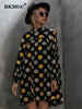 BKMGC Black Women Midi Dresses Long Sleeve Spring Autumn Mock Neck Loose Yellow Green Dots Print Simple Casual Party 6893