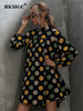 BKMGC Black Women Midi Dresses Long Sleeve Spring Autumn Mock Neck Loose Yellow Green Dots Print Simple Casual Party 6893