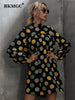 BKMGC Black Women Midi Dresses Long Sleeve Spring Autumn Mock Neck Loose Yellow Green Dots Print Simple Casual Party 6893
