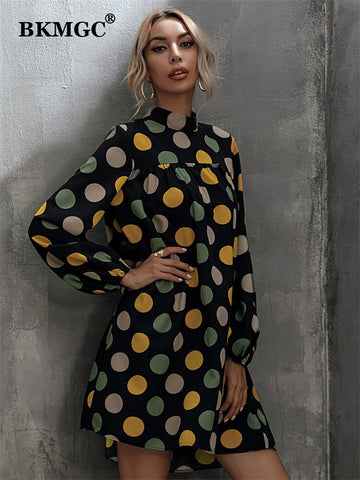 BKMGC Black Women Midi Dresses Long Sleeve Spring Autumn Mock Neck Loose Yellow Green Dots Print Simple Casual Party 6893
