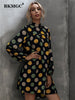 BKMGC Black Women Midi Dresses Long Sleeve Spring Autumn Mock Neck Loose Yellow Green Dots Print Simple Casual Party 6893