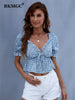 BKMGC Blouse Tops For Women  Crop Top V-neck Bubble Sleeve Small Floral Shirt Women's Drawstring Design Short Tops Summer 6713