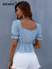BKMGC Blouse Tops For Women  Crop Top V-neck Bubble Sleeve Small Floral Shirt Women's Drawstring Design Short Tops Summer 6713