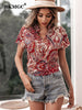 BKMGC Boho Bohemia Pattern Foral Printted Dark Red White V Neck Short Sleeve Pullover Blouse Shirt Tops for Women Summer Outfit
