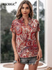 BKMGC Boho Bohemia Pattern Foral Printted Dark Red White V Neck Short Sleeve Pullover Blouse Shirt Tops for Women Summer Outfit