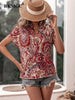 BKMGC Boho Bohemia Pattern Foral Printted Dark Red White V Neck Short Sleeve Pullover Blouse Shirt Tops for Women Summer Outfit